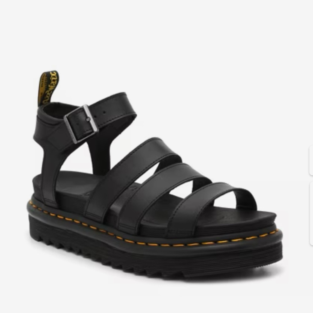 Dr. Martens Blair Black Strappy Sandals with Yellow Stitching